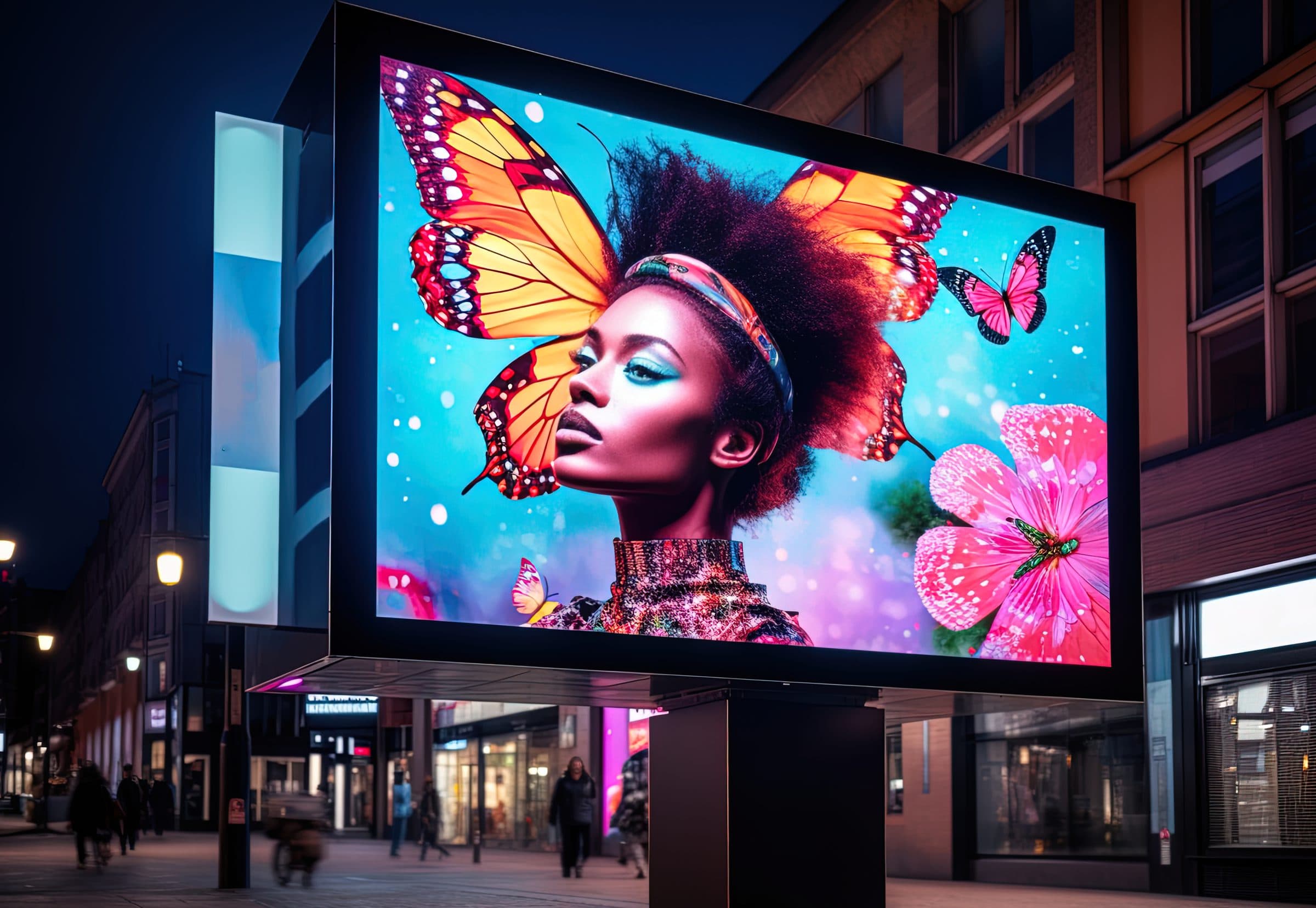 Bright digital LED billboard glowing at night